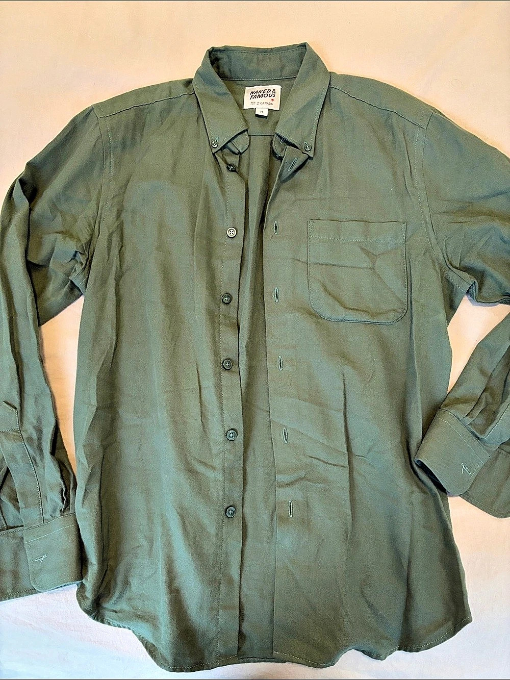 Naked & Famous Doyle Shirt Cotton Casual Shirt Green Size Medium